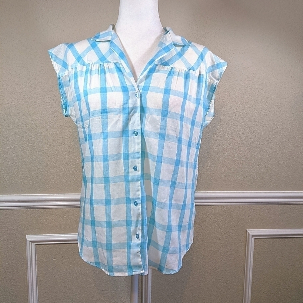 Vintage Blue and White Plaid Sleeveless Notched Collar Top